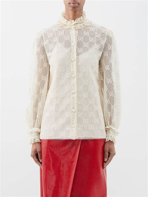 gucci white gold button lace blouse|Gucci blouse.